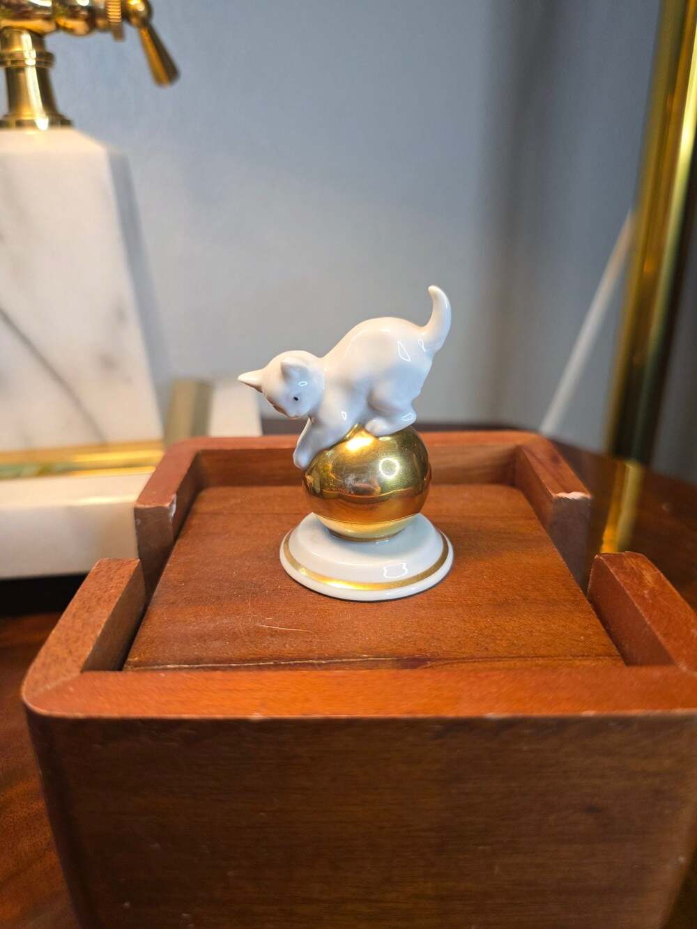 Vintage Rosenthal Porcelain Cat Figurine on Gold Ball